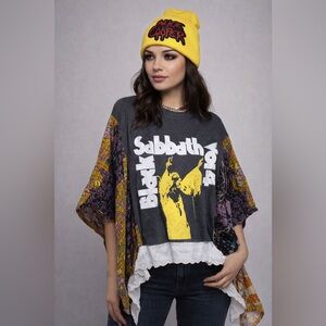 Upcycled BLACK SABBATH T W/ kantha sleeves and lace trim by Susie